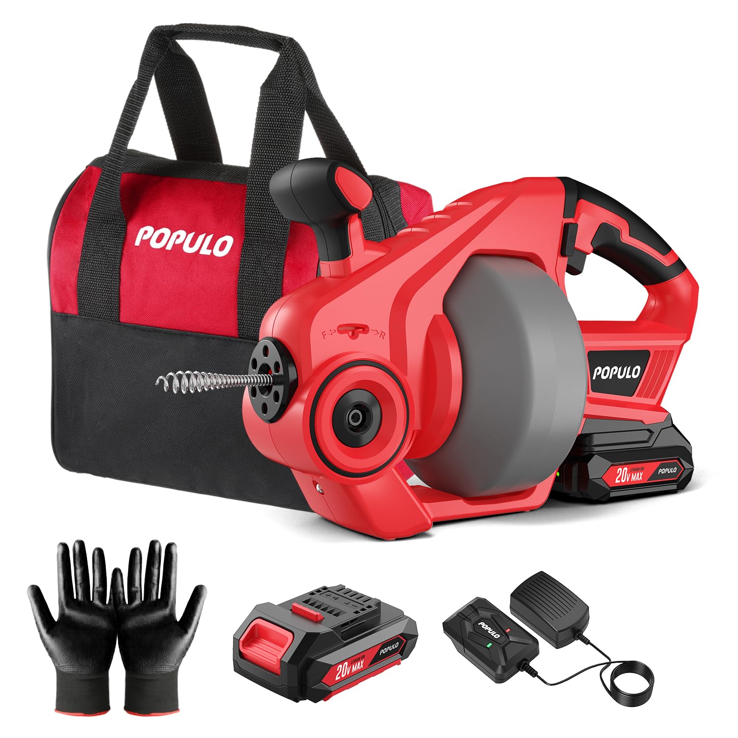 POPULO 20V Electric Drain Auger, 25FT Plumbing Snake Drain Clog Remover Tools, Cordless Drain Cleaner for Toilet, Sewer, Bathroom, Sink and Shower, 2.0Ah Battery and Charger Included