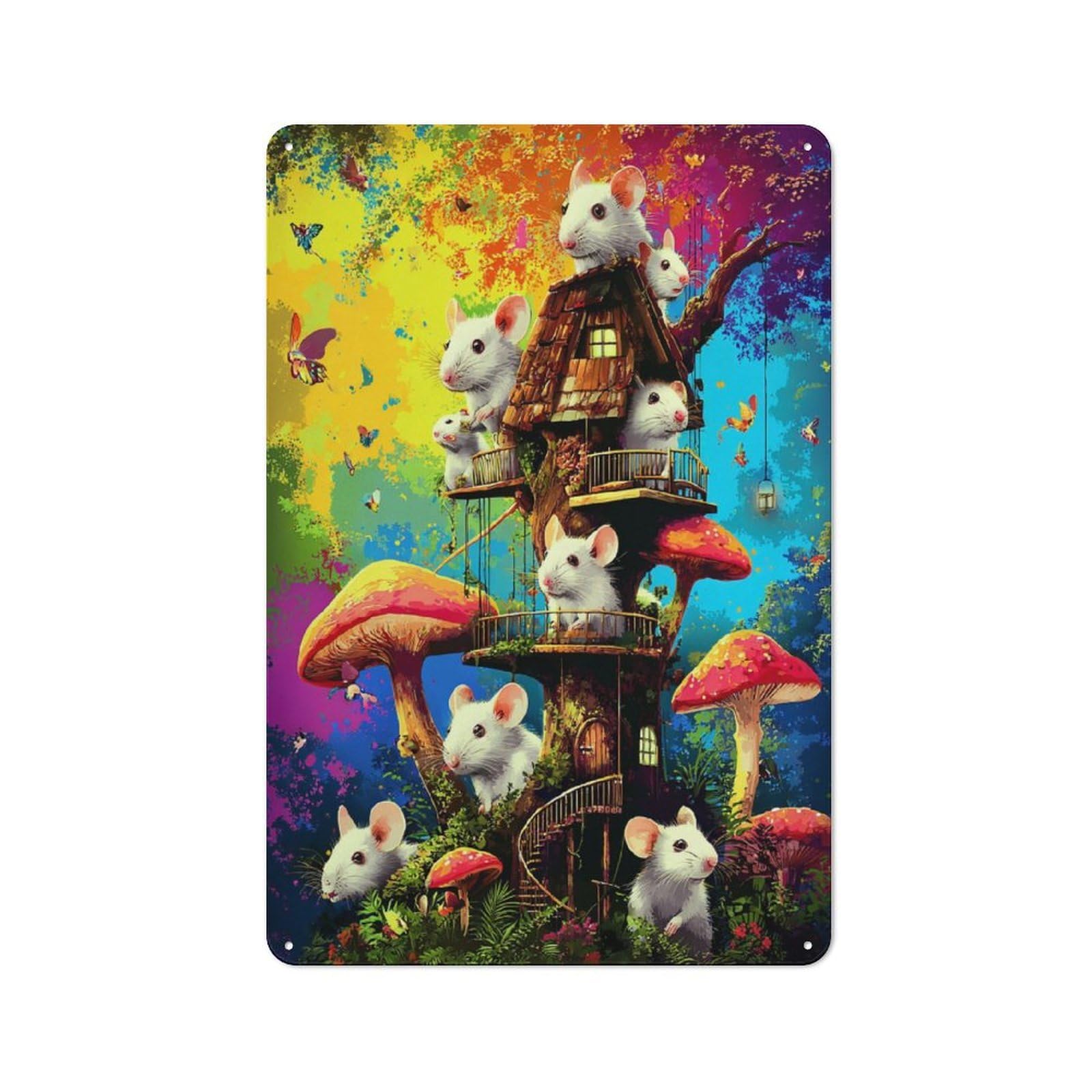 Junmoney Whimsical Treehouse With Mice And Mushrooms Rustic Tin Wall Plaque 30X20cm For Kitchen Or Home Bar, A Winter Wall Decor Update For Kitchen Decor Lovers