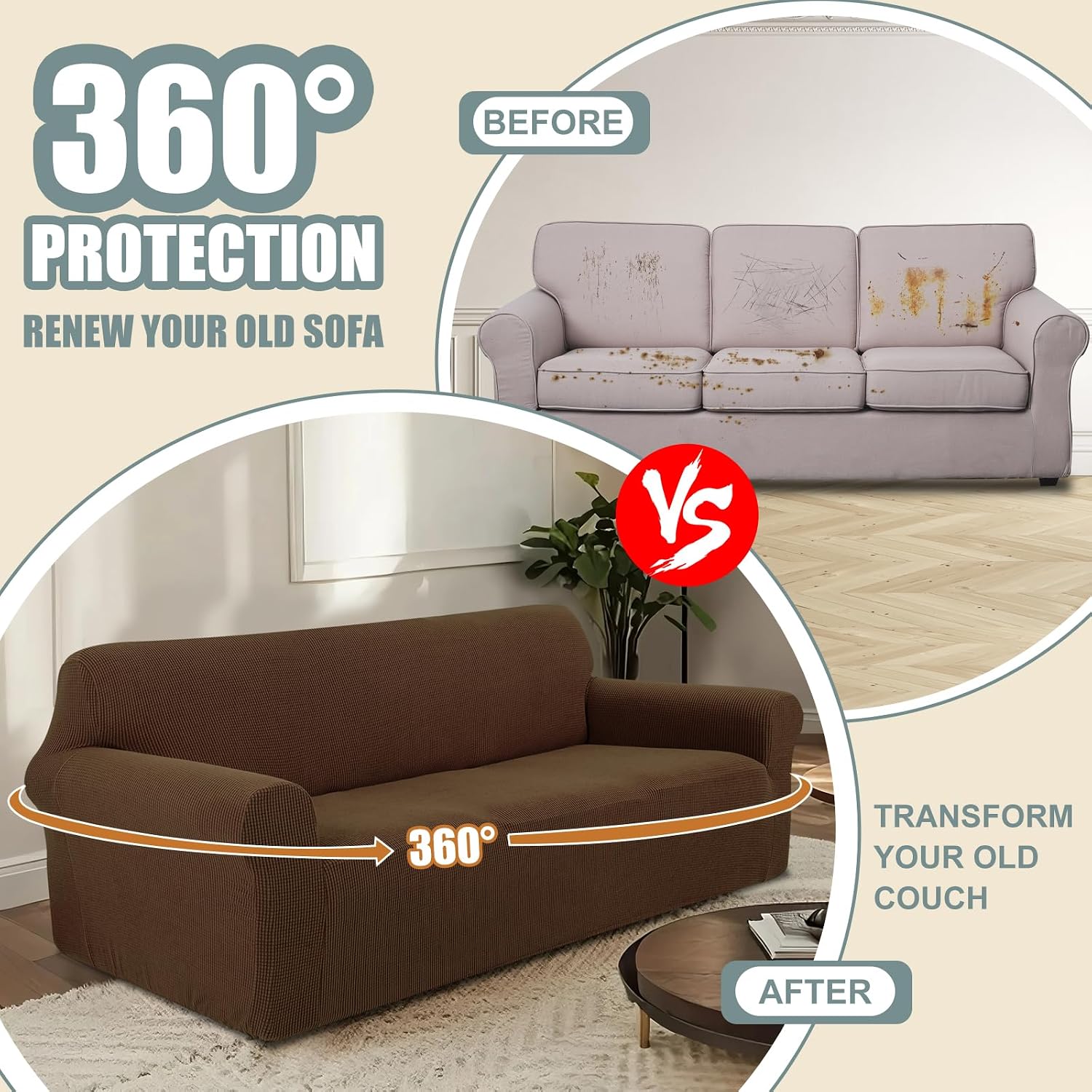 Stretch Couch Cover Washable Sofa Slipcover Furniture Protector with Non Skid Foam and Elastic Bottom for Kids, Dog(Chair/Brown)