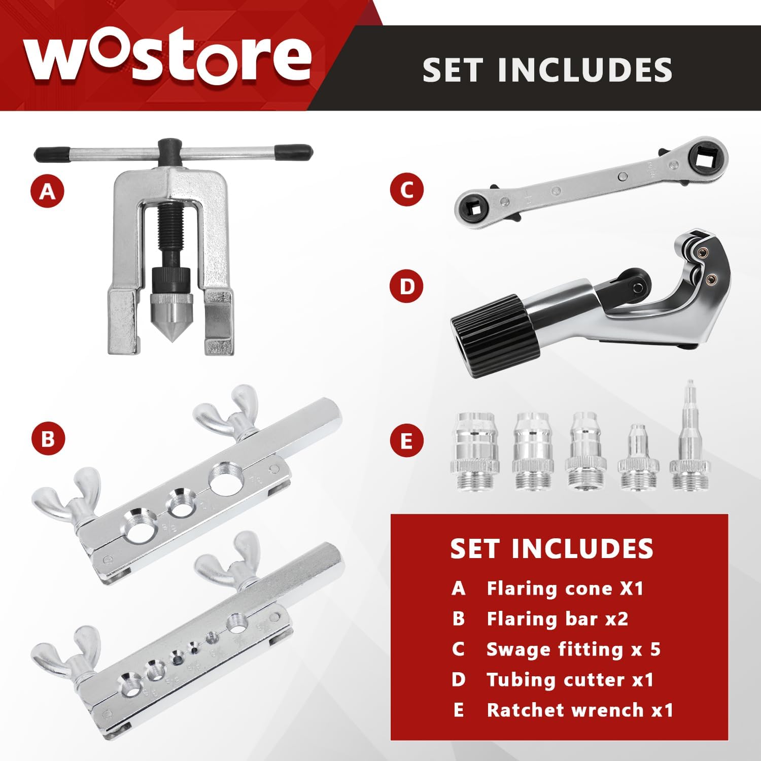 Wostore Single Flaring & Swaging Tool Kit – 45° Flare for HVAC, Brake Lines & Refrigeration Copper Tubing | 11-Piece Set with Tube Cutter, Ratchet Wrench & Carry Case, 1/8"–3/4" Sizes