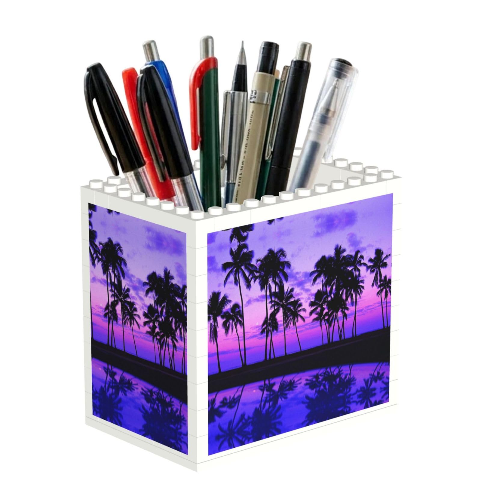 SATUSA Palm Tree Purple Sunset Print Building Block Texture Pen Holder - Pencil Holder For Desk Pen Organizer,Aesthetic Desk Accessories For Women(1pcs)