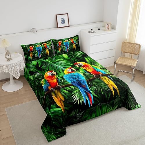 Miniatura 2 de Juego de ropa de cama de loros tamaño Queen, edredón de plumas de animales en acuarela, juego de edredón de hojas de palma para niños, adolescentes