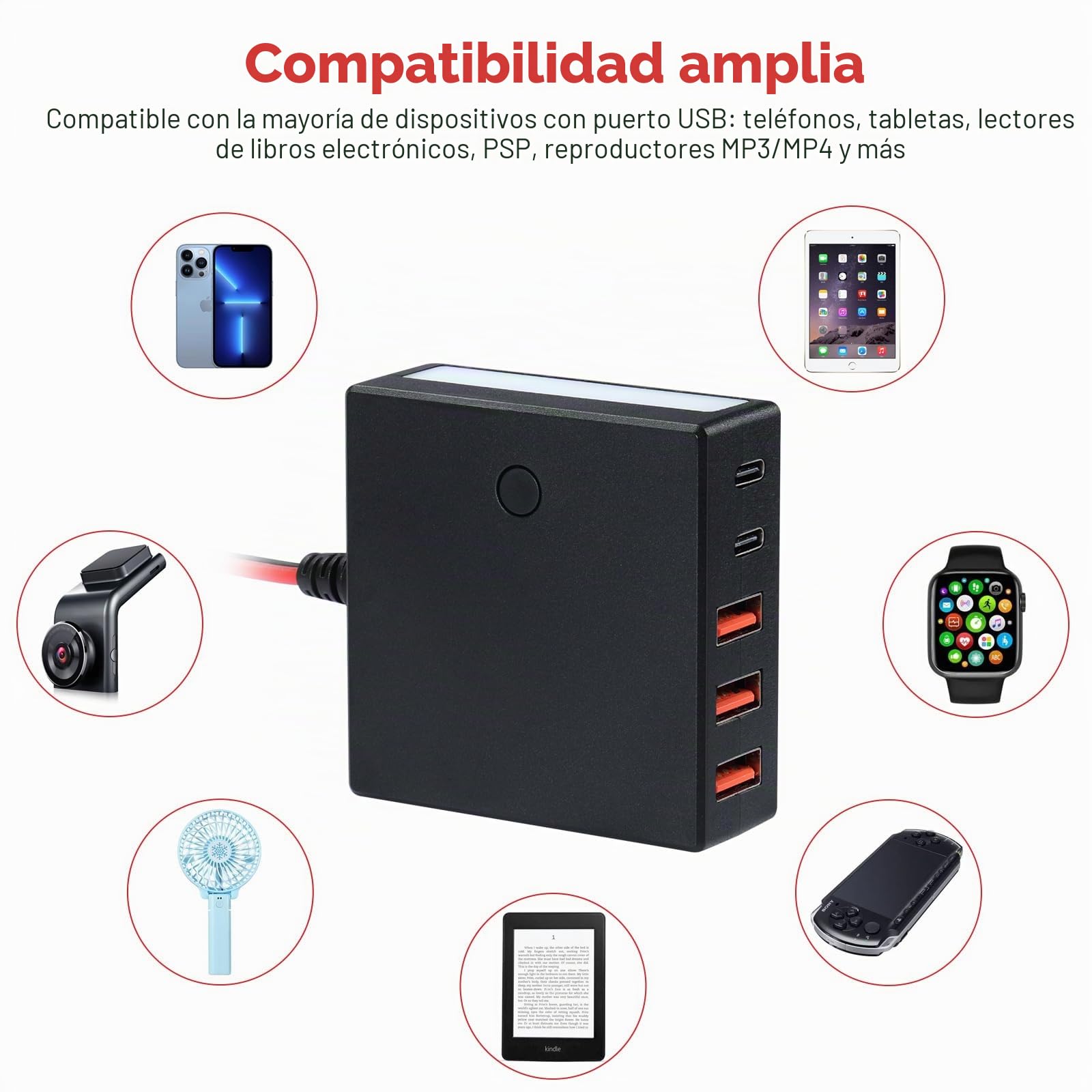 2.4A 60W DC 12V a 24V a 5V Convertidor de Corriente USB de 5 Puertos | 5 Puertos de Carga USB, Adaptador de Cargador de Coche, Con Clip de Batería, Para Teléfono