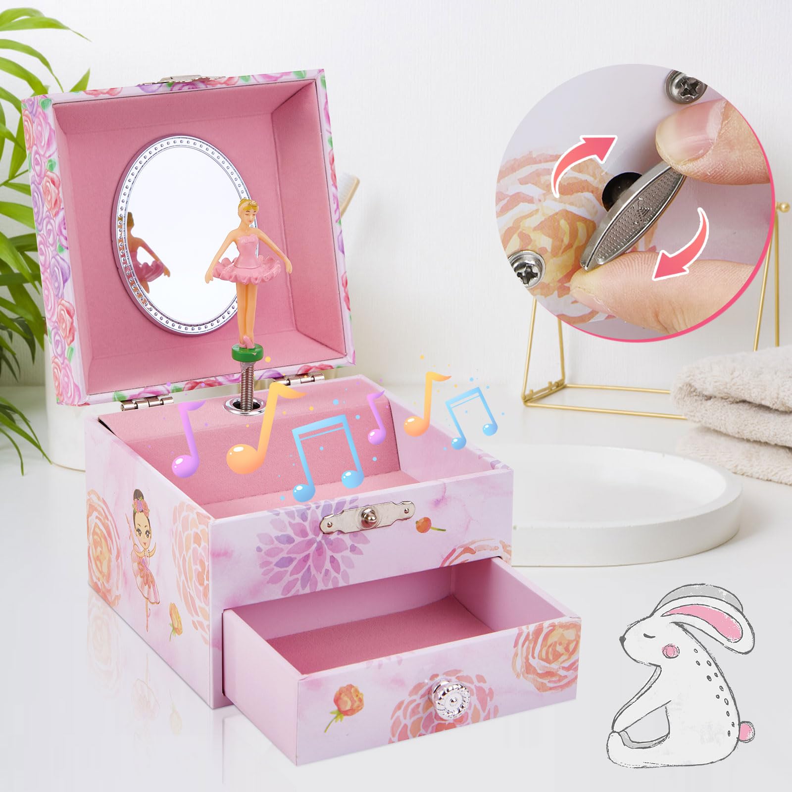 Boîte à bijoux musicale pour filles avec tiroir coulissant et ballerine rotative, jolie boîte à musique pour enfants, choix de cadeau pour les petites filles âgées de 3 à 12 ans