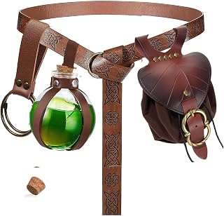 SUMGOGO 4 Pcs Halloween Renaissance Belt Pouch Witch Bottle Skirt Hikes Medieval Viking Pirate Leather Belt Costume Set