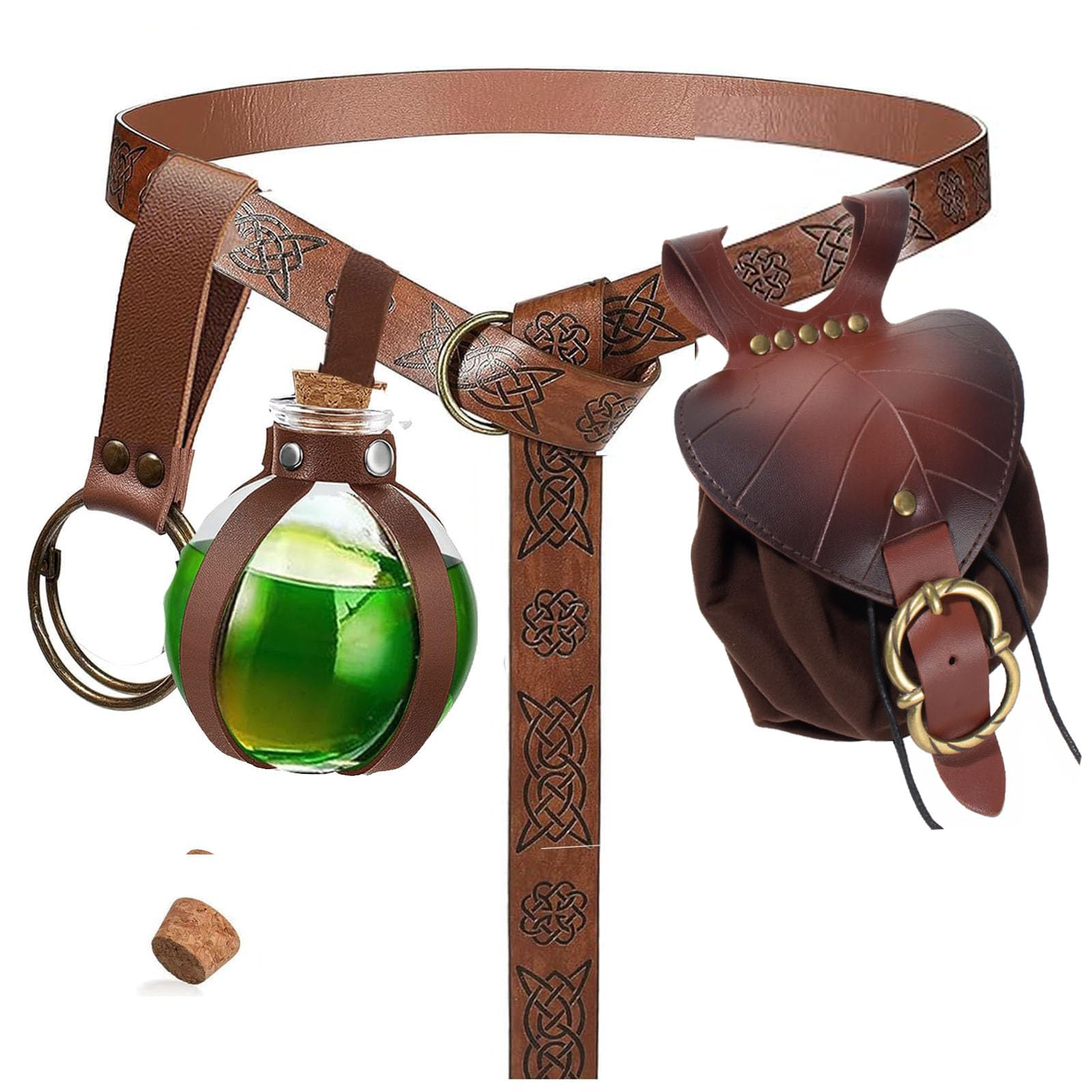 SUMGOGO 4 Pcs Halloween Renaissance Belt Pouch Witch Bottle Skirt Hikes Medieval Viking Pirate Leather Belt Costume Set, Leaf Brown, One Size