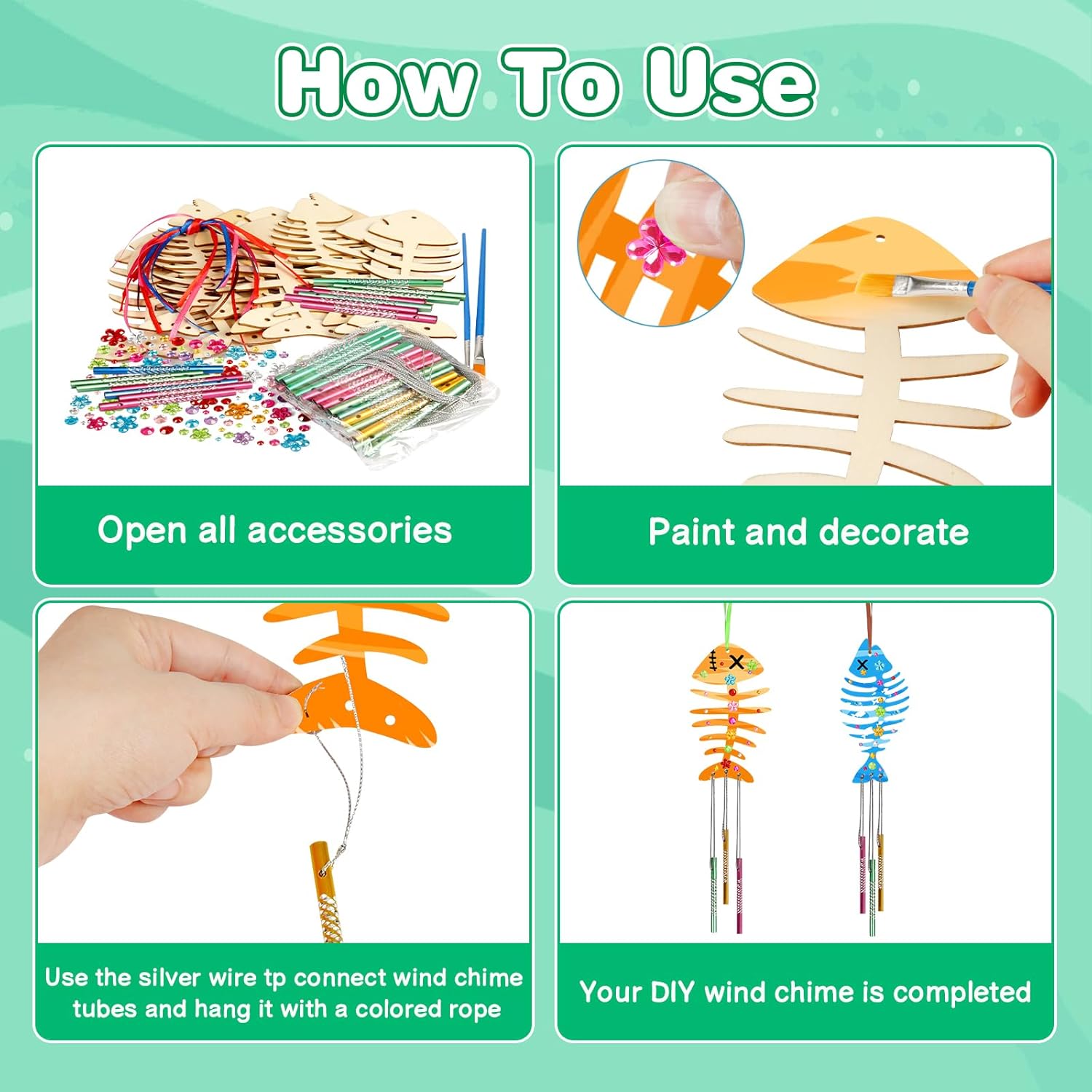 Fennoral 30 Pack Wind Chime Kit Make Your Own Fish Wind Chime Wooden Arts and Crafts for Girls Boys Ornaments DIY Coloring Spring Craft for Classroom Art Activities Mothers Day Decoration