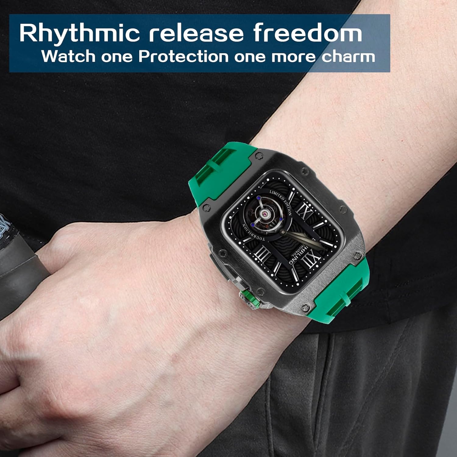 Refit Watch Bracelet Mod Kit For Apple Watch Series 8 7 45mm rubber strap Rm Style Metal Watch Case For Iwatch 6 SE 5 4 44mm Replacement Replacement Cover Strap Accessories (44/45 mm, Black