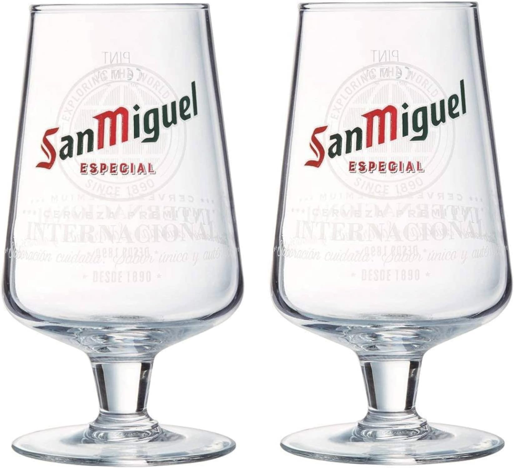 San Miguel Glass | Nucleated Stemmed Chalice Beer Glass | Official Merchandise | Comes with 2X Beer Drip Mats (2, Pint/20oz)