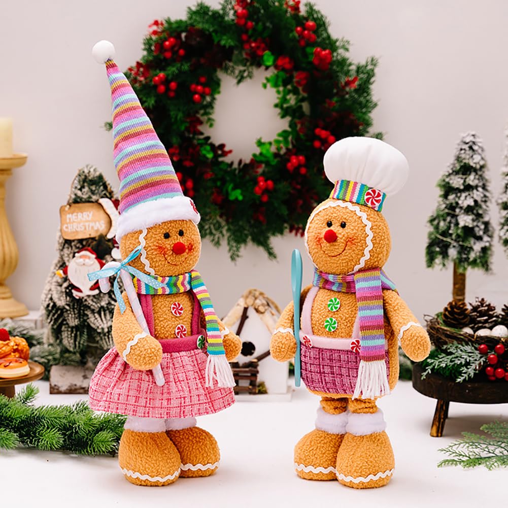 Katutude 2 figuras de peluche de Navidad, hombre de jengibre de pie con patas largas retráctiles, adornos de hombre de jengibre de Navidad, decoración de mesa de Navidad para niños y adultos
