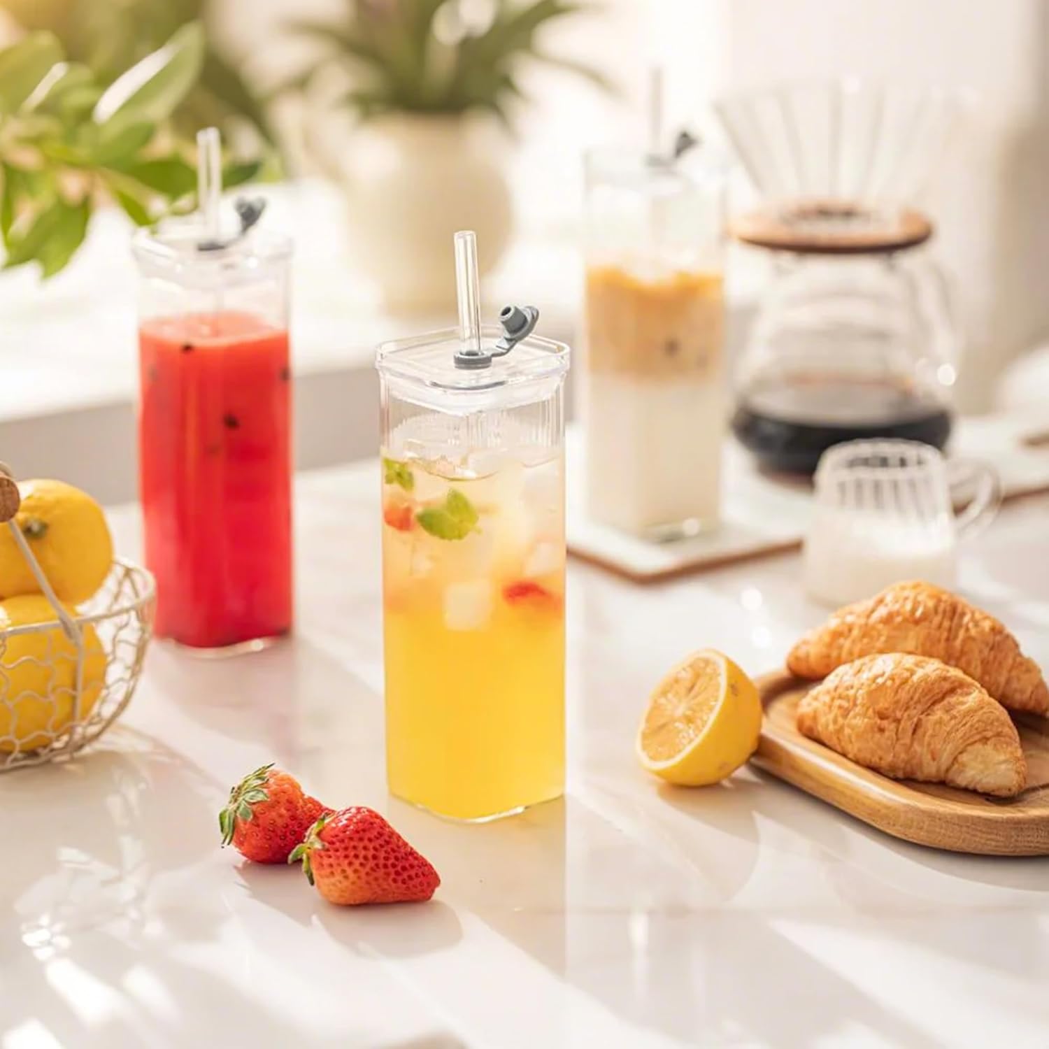 6 Sets Glass Cups with Lids & Straws, Square Ribbed Drinking Glasses with Lids, Clear Highball Tumblers for Cocktail, Coffee, Juice, Beer, Modern Mixed Drinkware Jars - Image 7