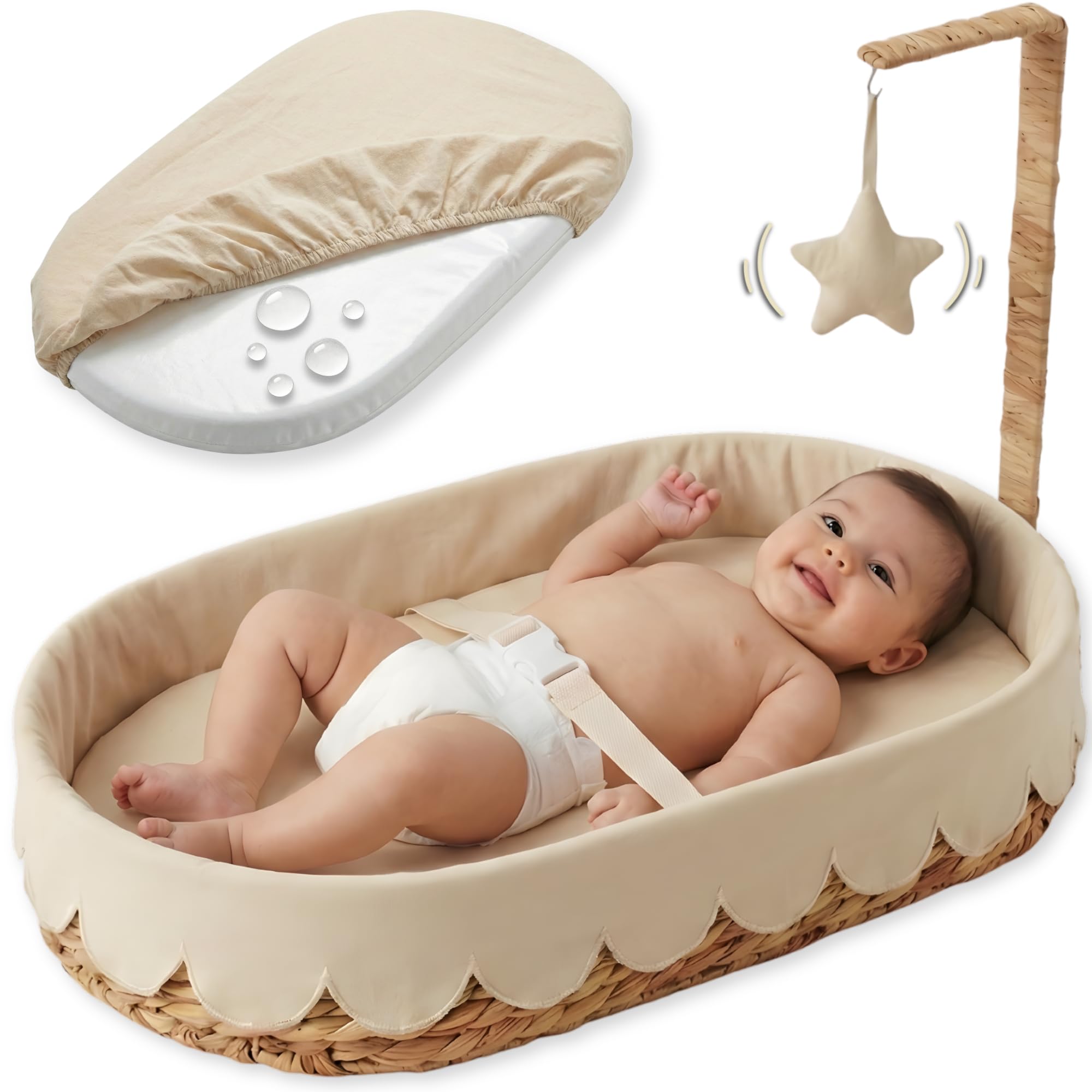 Premium Baby Changing Basket - Handwoven Wicker Moses Baskets for Newborn with Waterproof Changing pad Linen Cover -