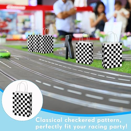 Miniatura 4 de Gersoniel 24 bolsas a cuadros para golosinas de carreras, color blanco y negro, bolsas a cuadros con temática de racecar, contenedores de dulces de