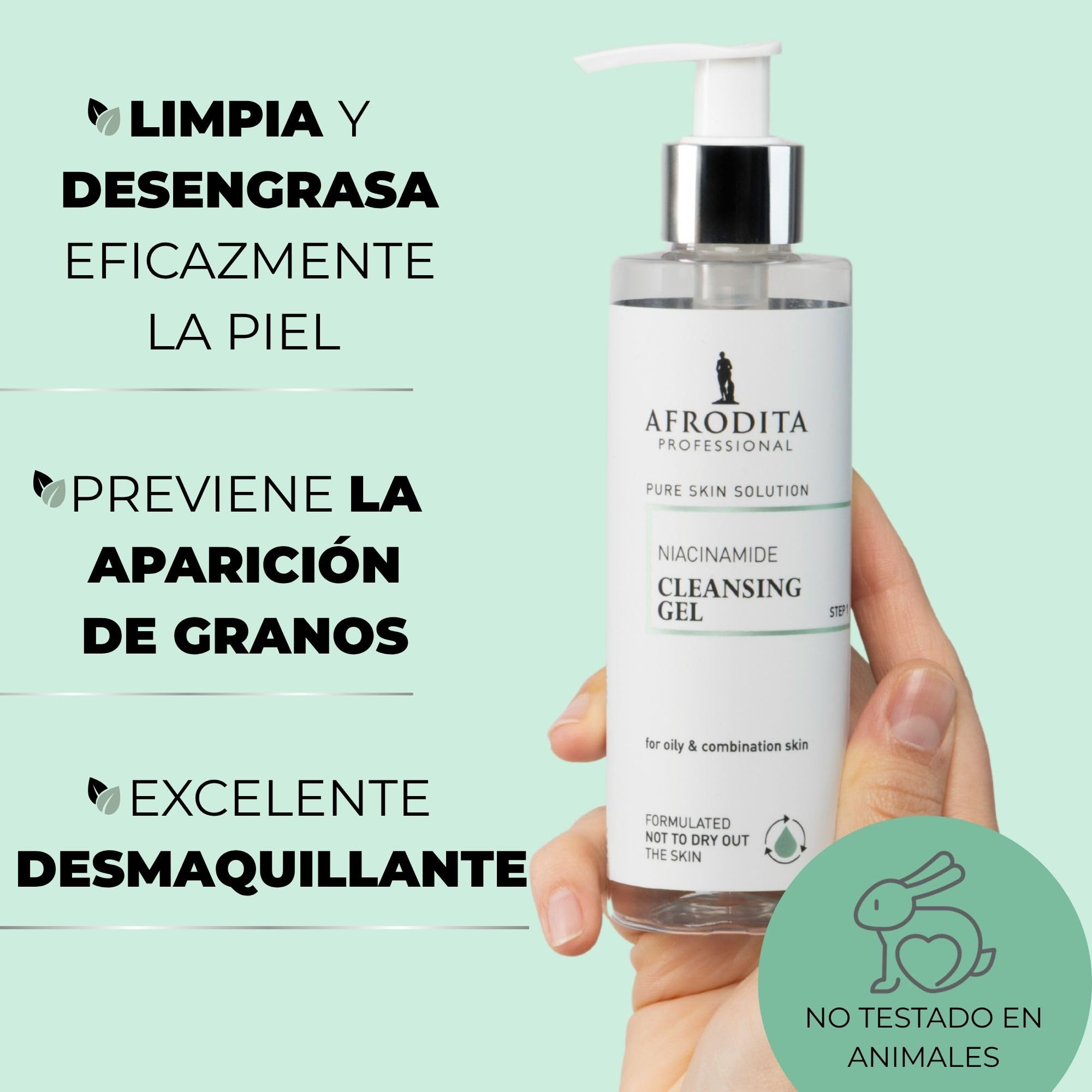 Afrodita Professional Niacinamida Gel limpiador para pieles grasas y mixtas, limpiador facial suave con ácido hialurónico, limpieza profunda de poros, 94% de origen natural, sin alcohol ni sulfatos