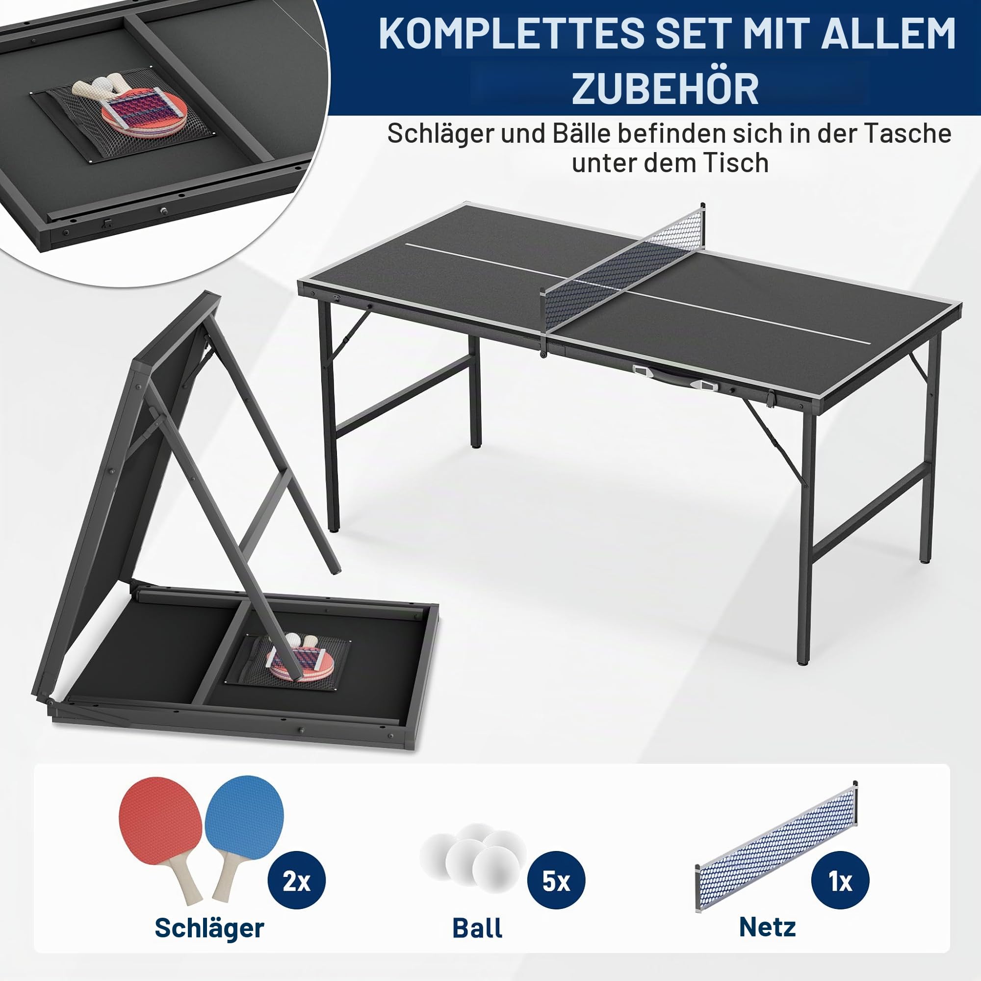 UISEBRT Mini Tischtennisplatte klappbar 152.5x76cm, MDF Tischplatte mit Metallgestell, komplettes Ping Pong Set mit 2 Schlägern 5 Bällen Netz Tasche, Indoor & wettergeschützter Outdoor Tisch