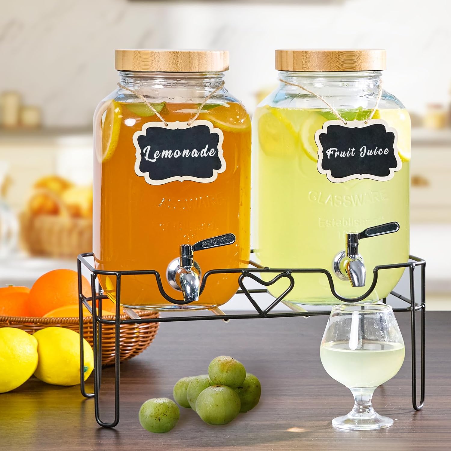 2 Pack1Gallon Glass Drink Dispenser with Stand&Bamboo Lids&Fruit Infuser,304 Stainless Steel Leak-Proof Spigot,Beverage Dispenser for Parties,Water Sangria Juice Sun Tea Lemonade(Natural) - Image 7