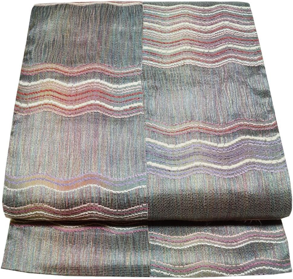 洒落袋帯 シルクモールバンブー紙布織 袋帯 市松取に波線模様 六通