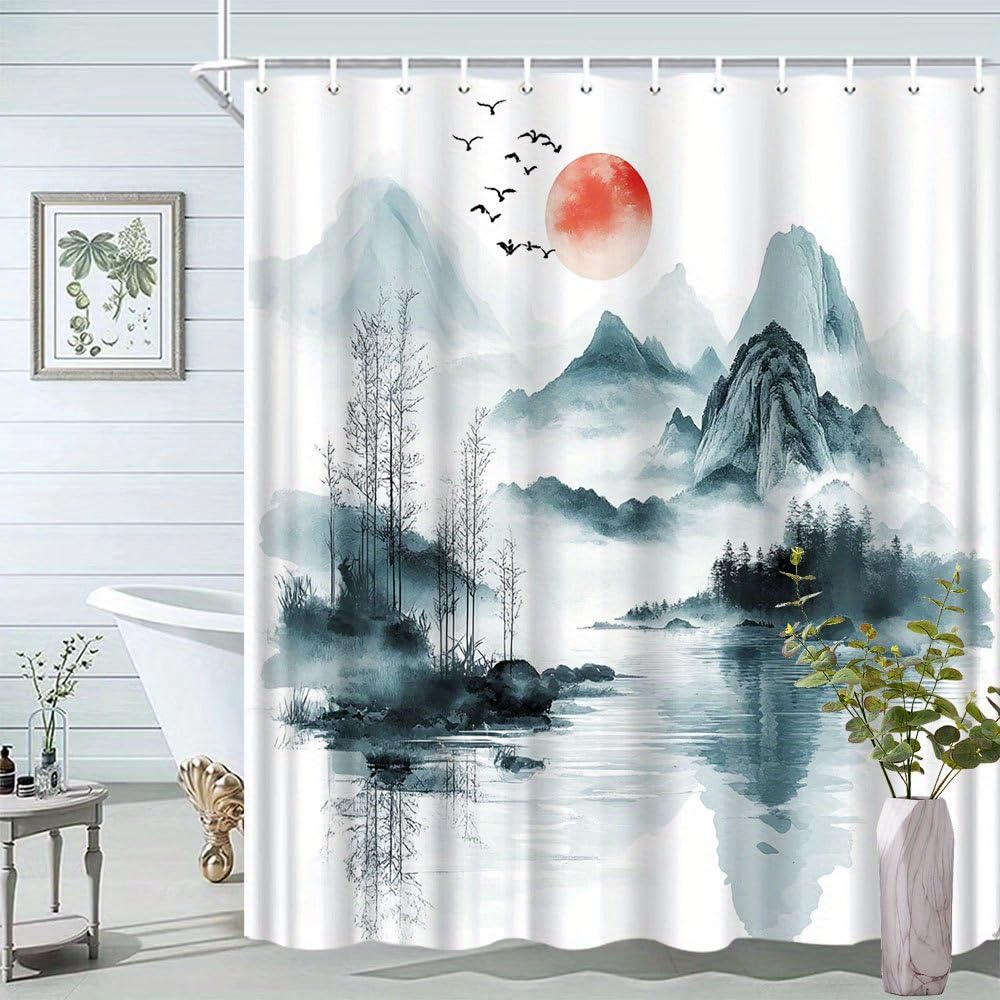 Rideau de douche paysage chinois en tissu polyester 75x190 cm