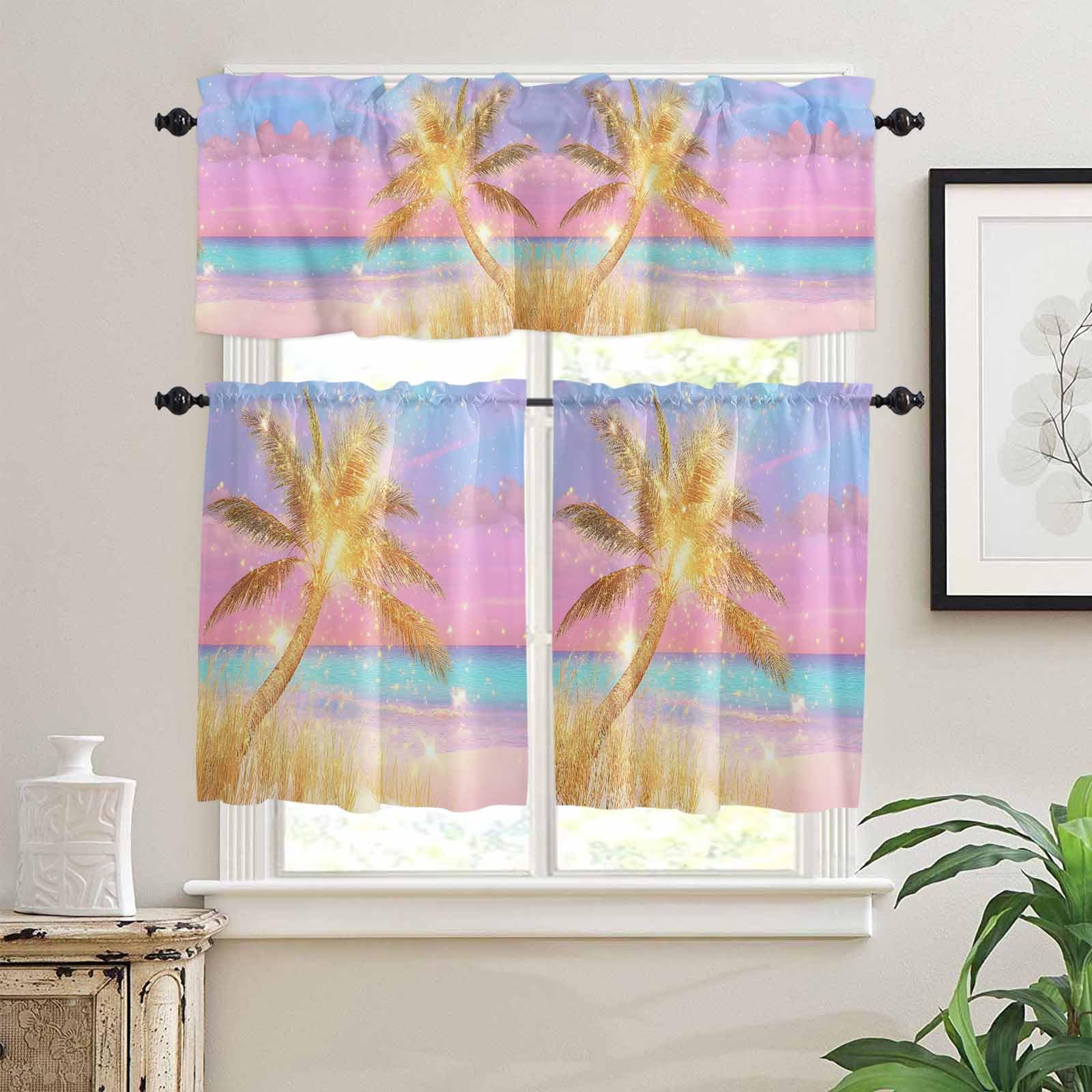 Golden Palm Tree Kitchen Curtains 36 Inch Length, 3 Piece Rod Pocket Small Half Tiers and Valance Set, Rainbow Beach Seaside Small Large Window Treatment Decor for Bedroom/Bathroom Sink