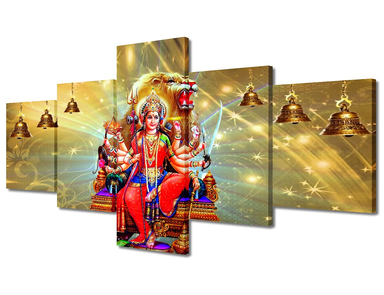 TUMOVO Bedroom Wall Decor Durga Wall Art Hindu God Home Decor 5 Piece Maa Durga Pictures for Bedroom Living Room Dining Room Stretched with Wooden Frame Ready to Hang (50''Wx 24''H)