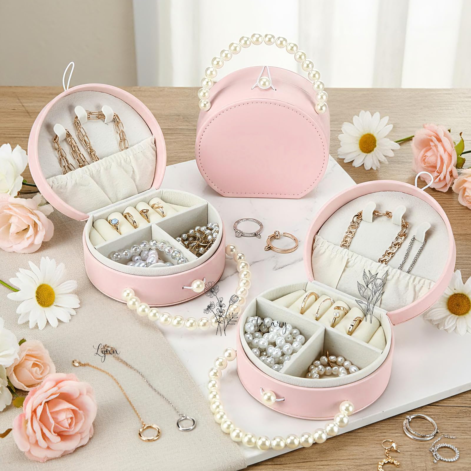 Weysat Paquete de 8 joyeros de viaje a granel para dama de honor, organizador de almacenamiento de aretes pequeños para mujeres, regalos de propuesta (rosa, cuero)