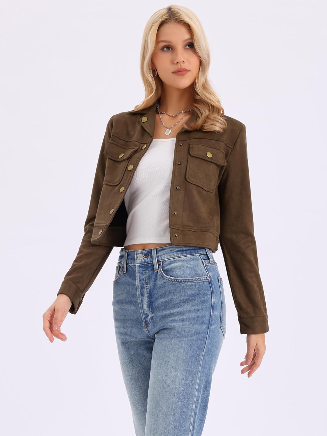 Allegra K Women's Faux Suede Jacket Button Down Collar Pockets Crop Moto Biker Coat - Image 4