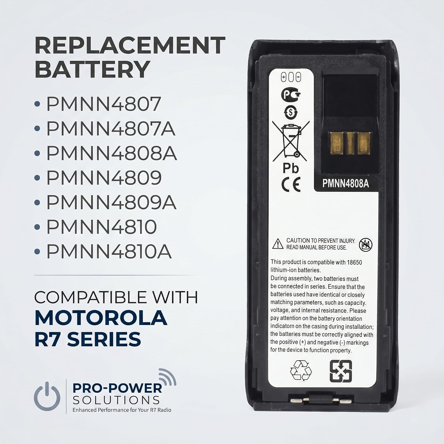 Battery Shell Case for Motorola R7 Series Radio, Replaces PMNN4807 PMNN4808 PMNN4809 PMNN4810, Requires 2X 18650 Batteries (Not Included), Support USB-C & Dock Charging