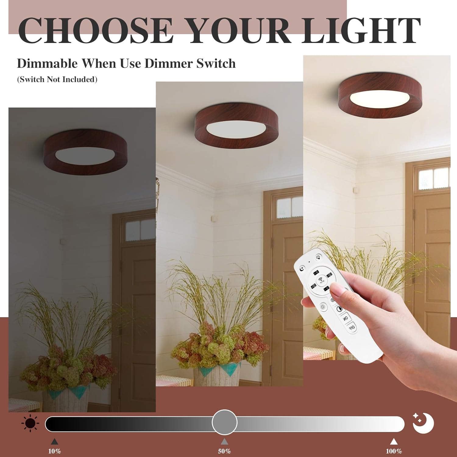 LED Wood Grain Flush Mount Ceiling Light Fixture, 19.7 Inch Modern Round Dimmable Ceiling lamp for Bedroom, Living Room, Kitchen, Entryway (Non-Wooden)