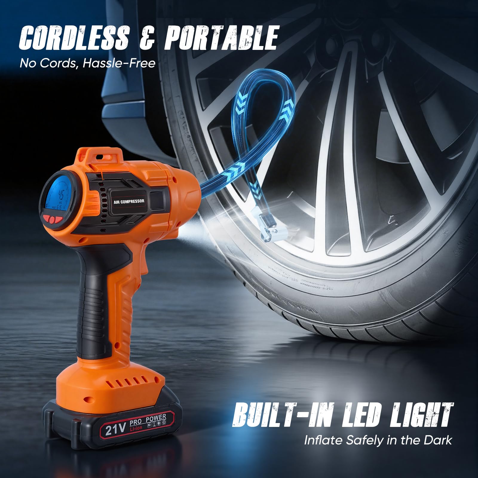 Kabelloser Akku-Luftkompressor, 160 PSI, mit digitalem Manometer & Auto-Stopp, tragbare Luftpumpe für Auto, Motorrad, Fahrrad, Bälle – gelb