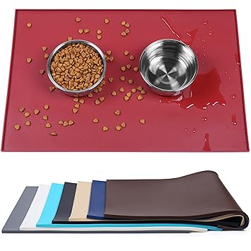 Vivaglory Dog Food Mat Water Placemat Large 24''L x 16''W Waterproof Non-Slip Pet Feeding Mat Silicone Food Mat Dog Bowl Placemat Fda Food Grade Anti-Mess Design by, Wine Red