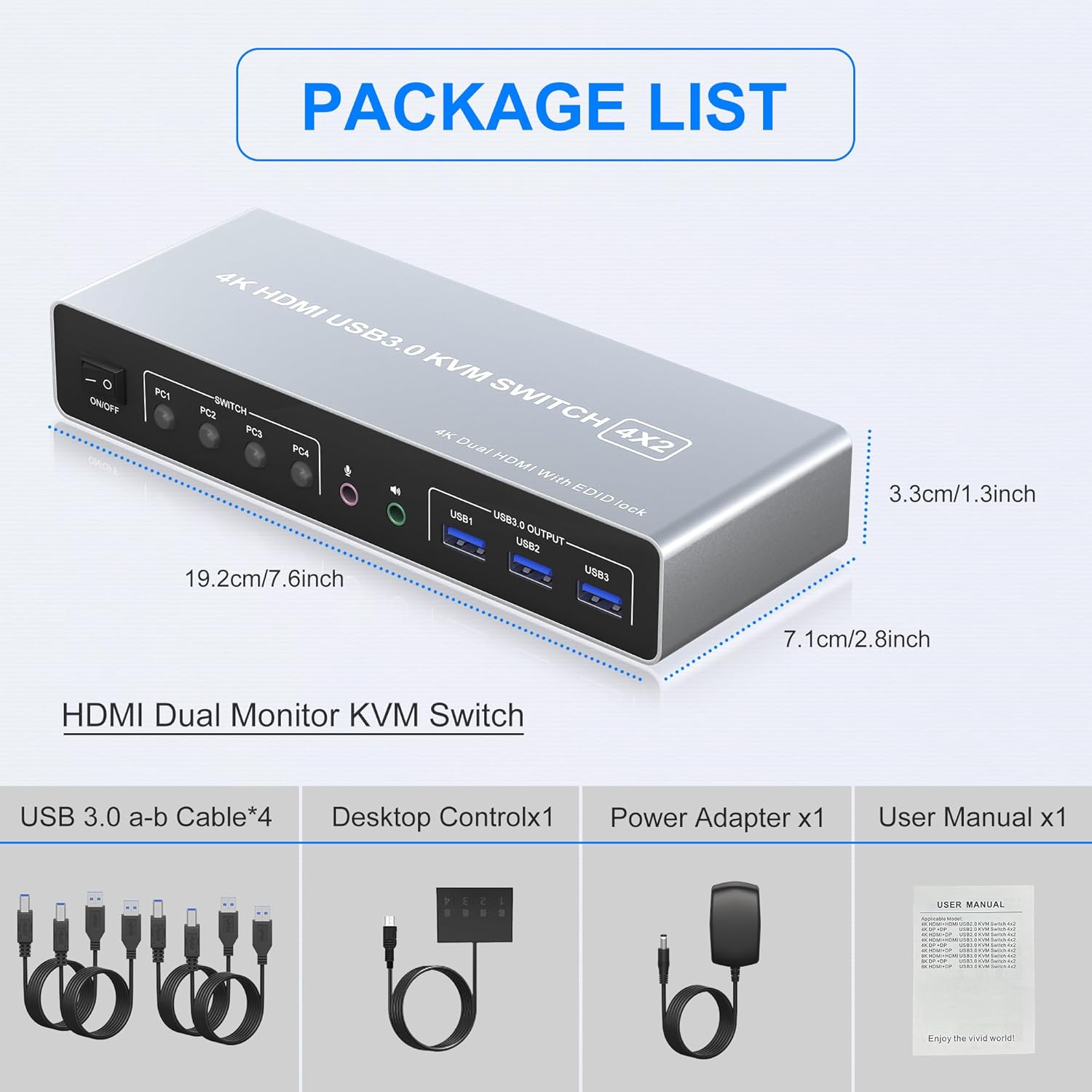 USB 3.0 HDMI KVM Switch for 4 Computers and 2 Monitors - 4K@60Hz 4 Port Dual Monitor Support With EDID, Audio Microphone Output, and 3 USB 3.0 Ports