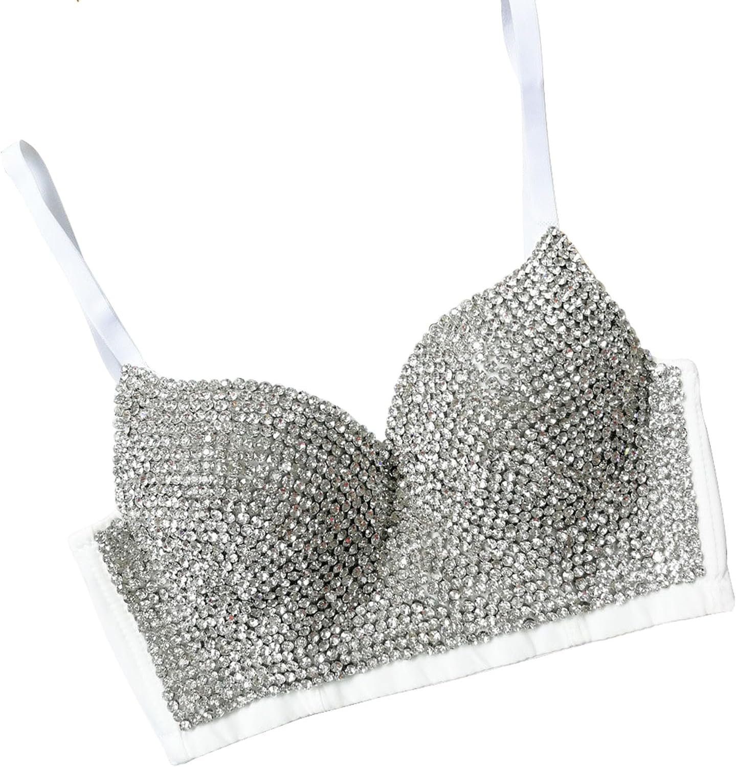 Women's Lace Mesh Rhinestone Diamond Bra Push up Bustier Corset Crop Top Club Party Vest with Detachable Straps