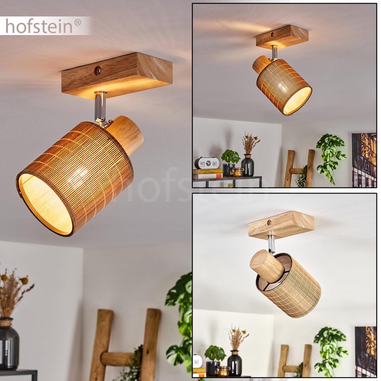Lampada da soffitto Kinnared, lampada moderna in legno/metallo/bambù nei colori naturali/cromati/marrone, a 1 luce dal design scandinavo con riflettore regolabile, x E14, senza lampadina
