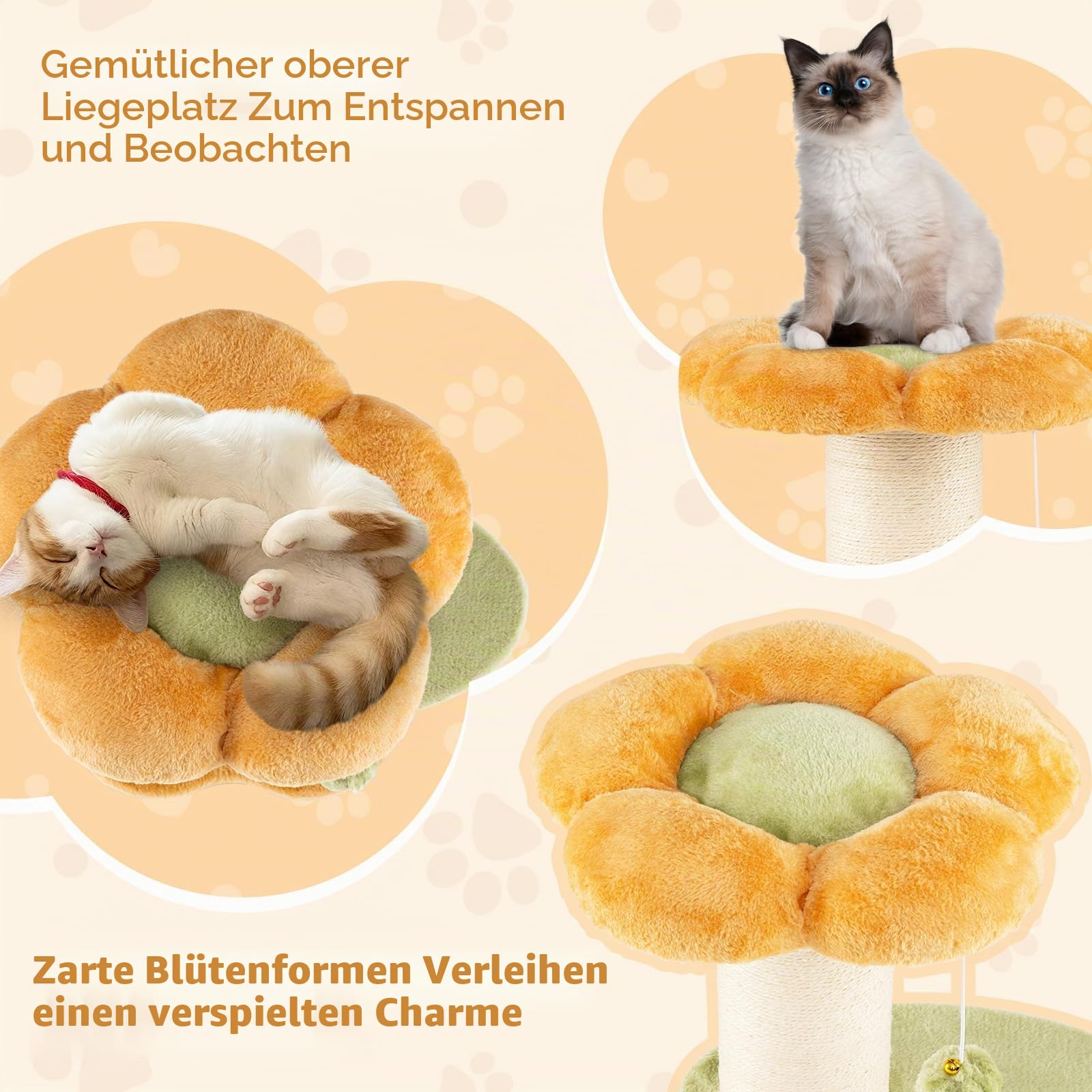 FANTASK Kratzsäule Klein, Katzenkratzbaum mit dickem Sisalstamm Plüschsitz Selbstpflegebürste Ballspiel, Kletterbaum Blumen-Design Katzenmöbel Indoor, Gelb