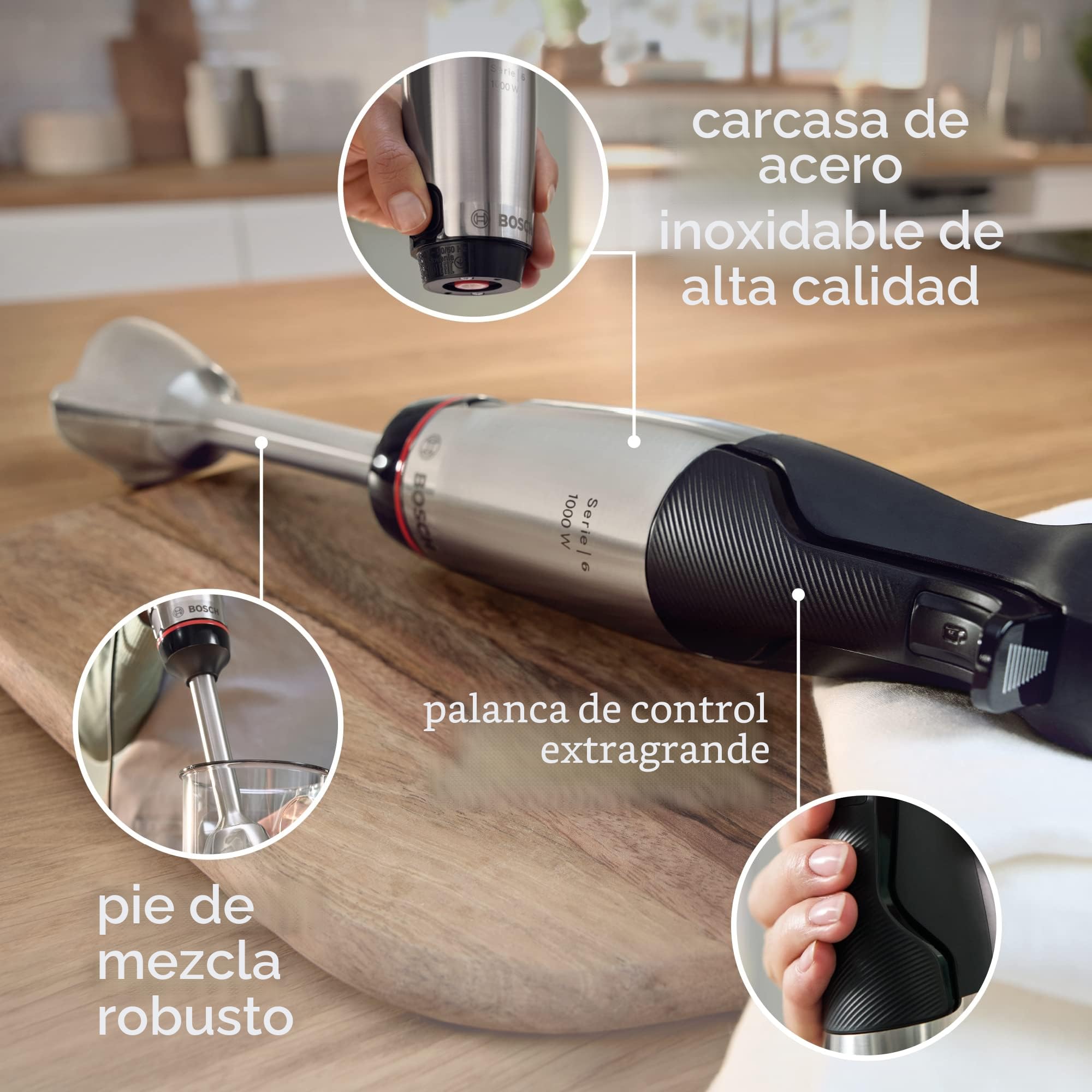 Bosch MSM6M673 ErgoMaster - Batidora de inmersión serie 6, mini picadora, prensa puré, cuenco multifunción y 4 otros accesorios incluidos, sistema de mezcla QuattroBlade System Pro,1000 vatios, plata
