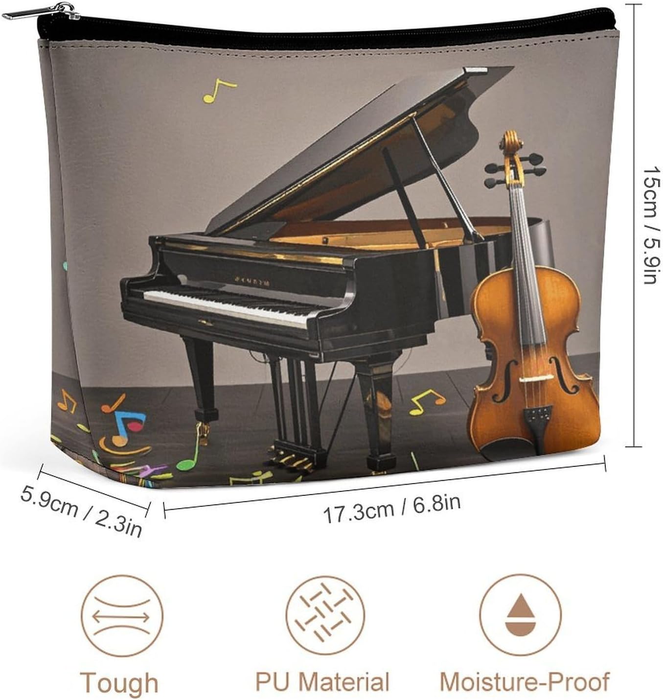 Leather Makeup Bag Cute Small Cosmetic Bag for Women Aesthetic Travel Toiletry Bag Organizer Large Capacity Makeup Pouch Piano Violin Music Notes Cosmetic Pouch Funny Zipper Pouchs image 2