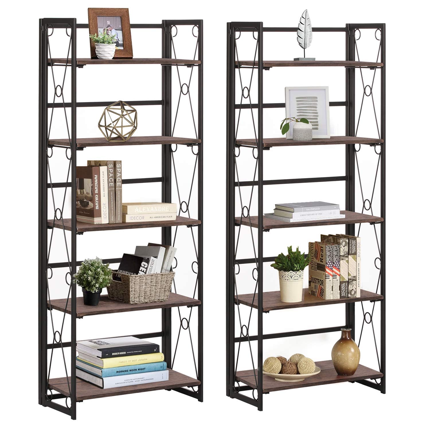 VECELO 2 Set Folding Bookshelf 5-Tier Industrial Metal Frame Wood Shelves Foldable Bookcase No Assembly Free Standing Storage