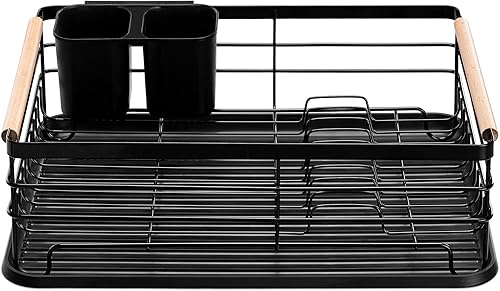 Miniatura 7 de Navaris Dish Drainer Rack - Plate, Silverware, Pots and Pans Drying Rack for Kitchen with Beechwood Handles - Modern Retro Design Drip Tray - Black