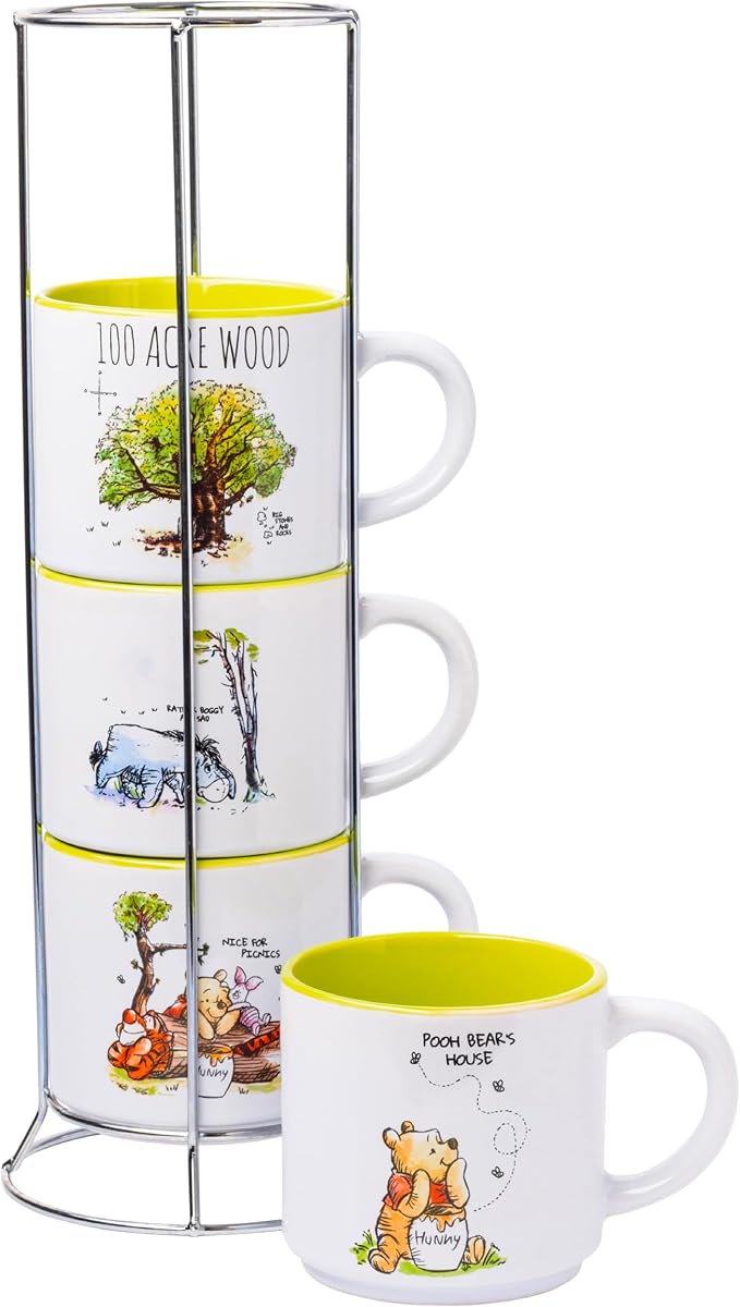 Silver Buffalo Winnie the Pooh 100 Acre Wood Destination 4-Pack Ceramic Mug Stack, 10-Ounces