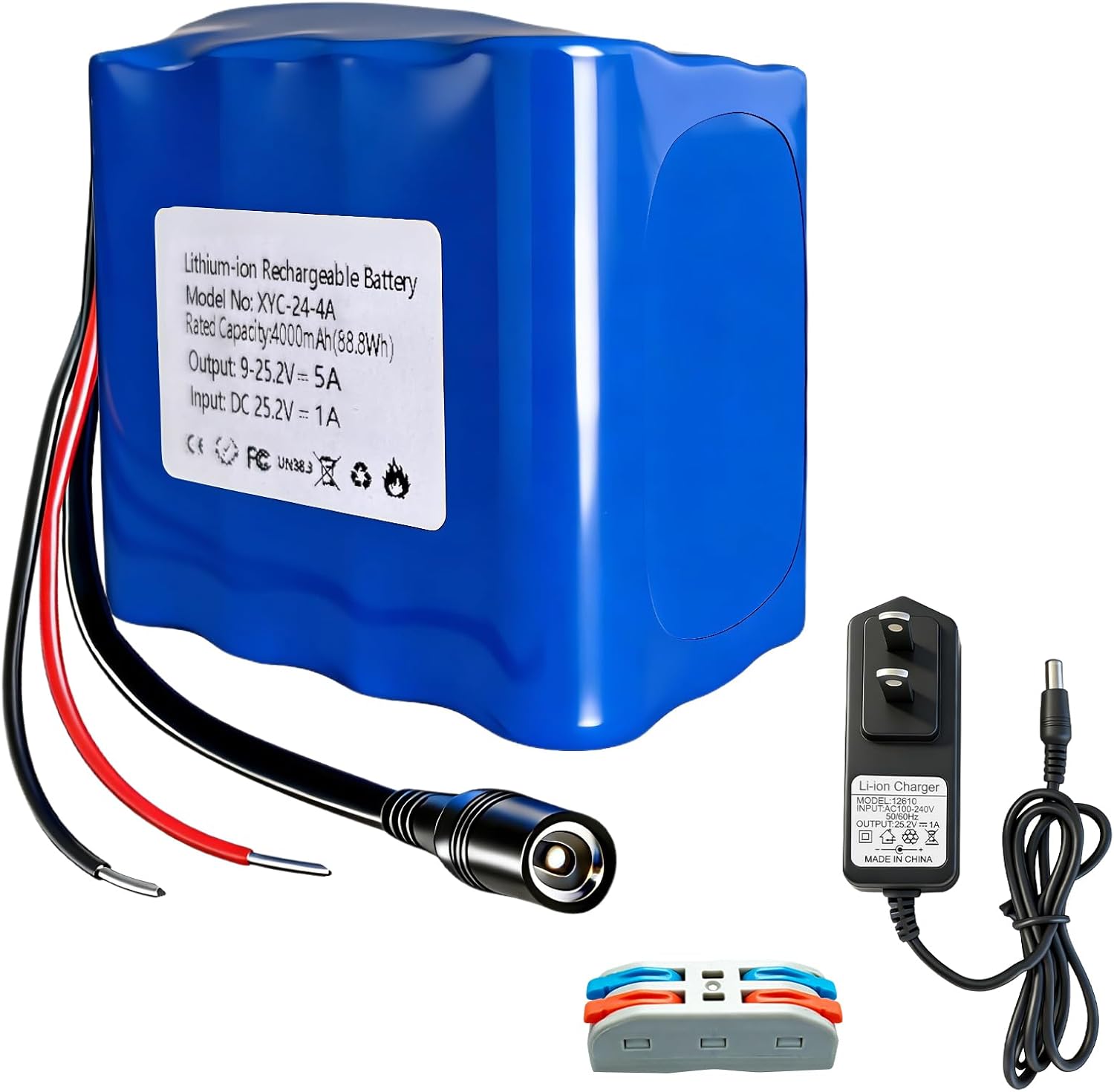 24V 4Ah Rechargeable Li-ion Battery Pack, Bare Leads Wire Lithium Replacement Battery with Charger Perfect for DIY Project, Robot, Solar Panels, LED Light Strip, CCTV Camera
