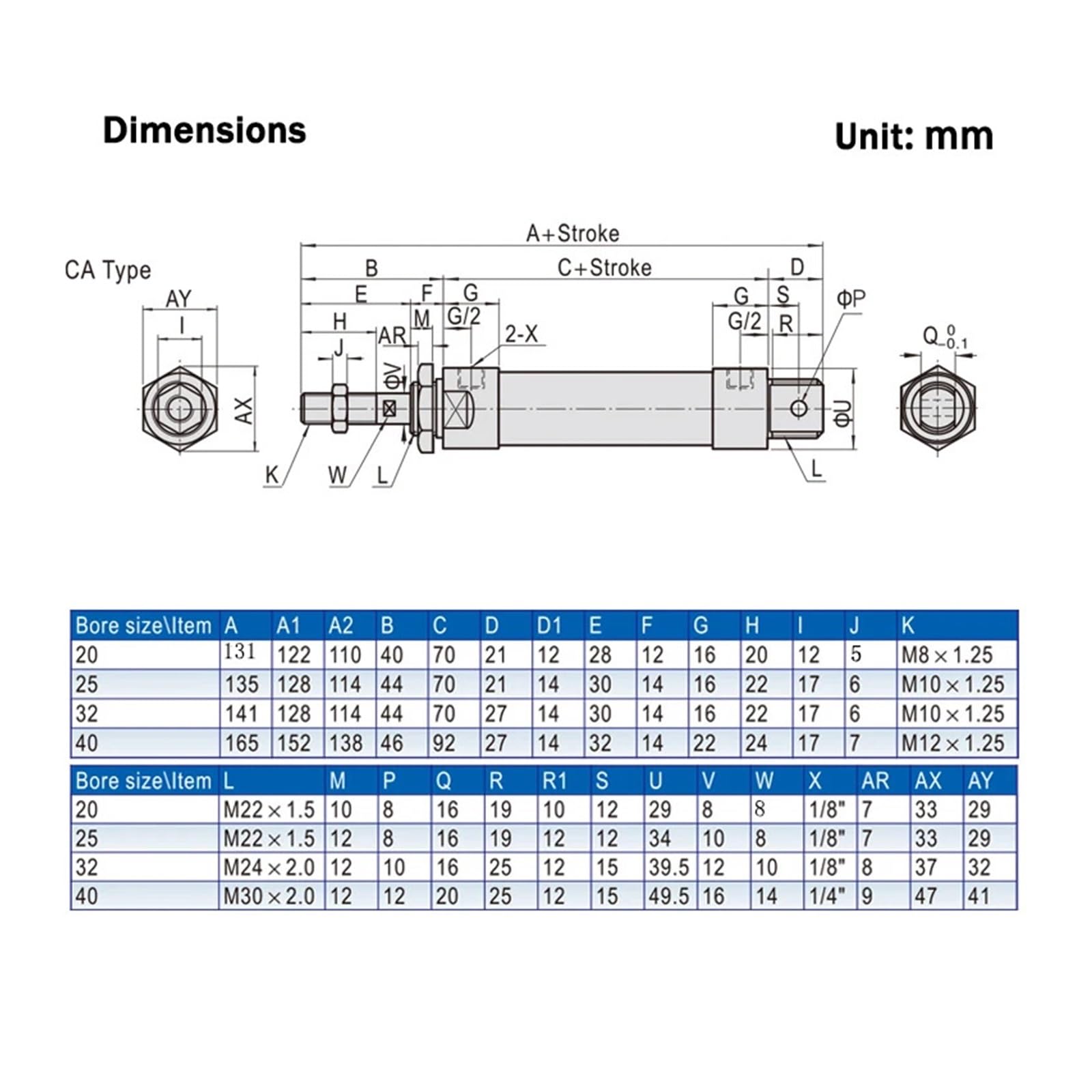 MAL Mini-Pneumatikzylinder mit 40 mm Bohrung, 25, 50, 100, 200, 300, 400, 500 mm Hub, Aluminiumlegierung, kleine Doppelwirkung, Bohrung 40 mm(Stroke 25mm)