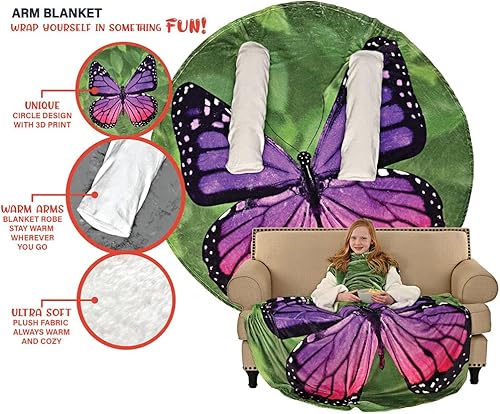 Miniatura 2 de Manta de brazo redondo con mangas de mariposa morada de 68 pulgadas de diámetro, acurrúcate con cálida y acogedora manta de franela de microfibra,