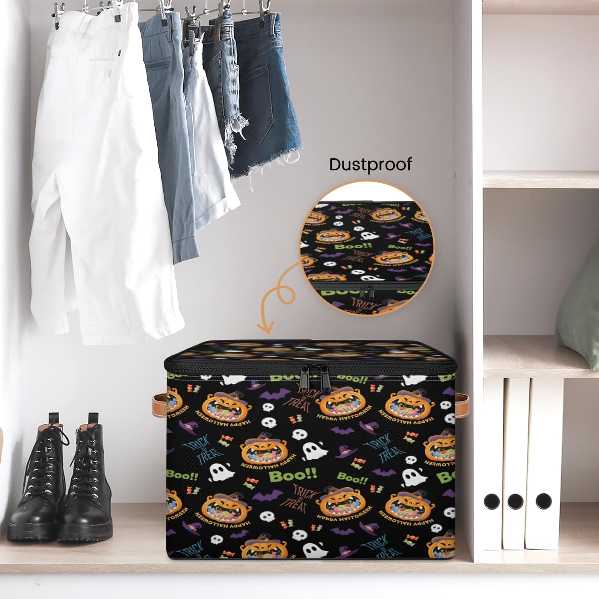 Storage Bin Set of 2 Halloween Pumpkin Candy Storage Basket with Zipper Lid & Handle Foldable Closet Shelf 2 Pack Cloth Organizer Basket Cube Bins Clothes Organizer for Bedroom, Nursery