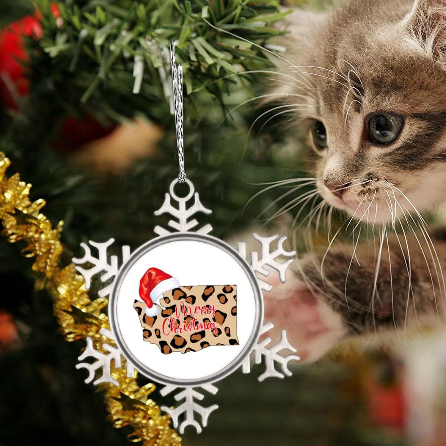 Snowflake Ornaments Washington Home State Personalized Christmas Ornaments 2022 Leopard Print Christmas Hat Ornaments for Christmas Trees Metal Souvenir Xmas Tree Hang Pendant Exchange Gift 3 Inch