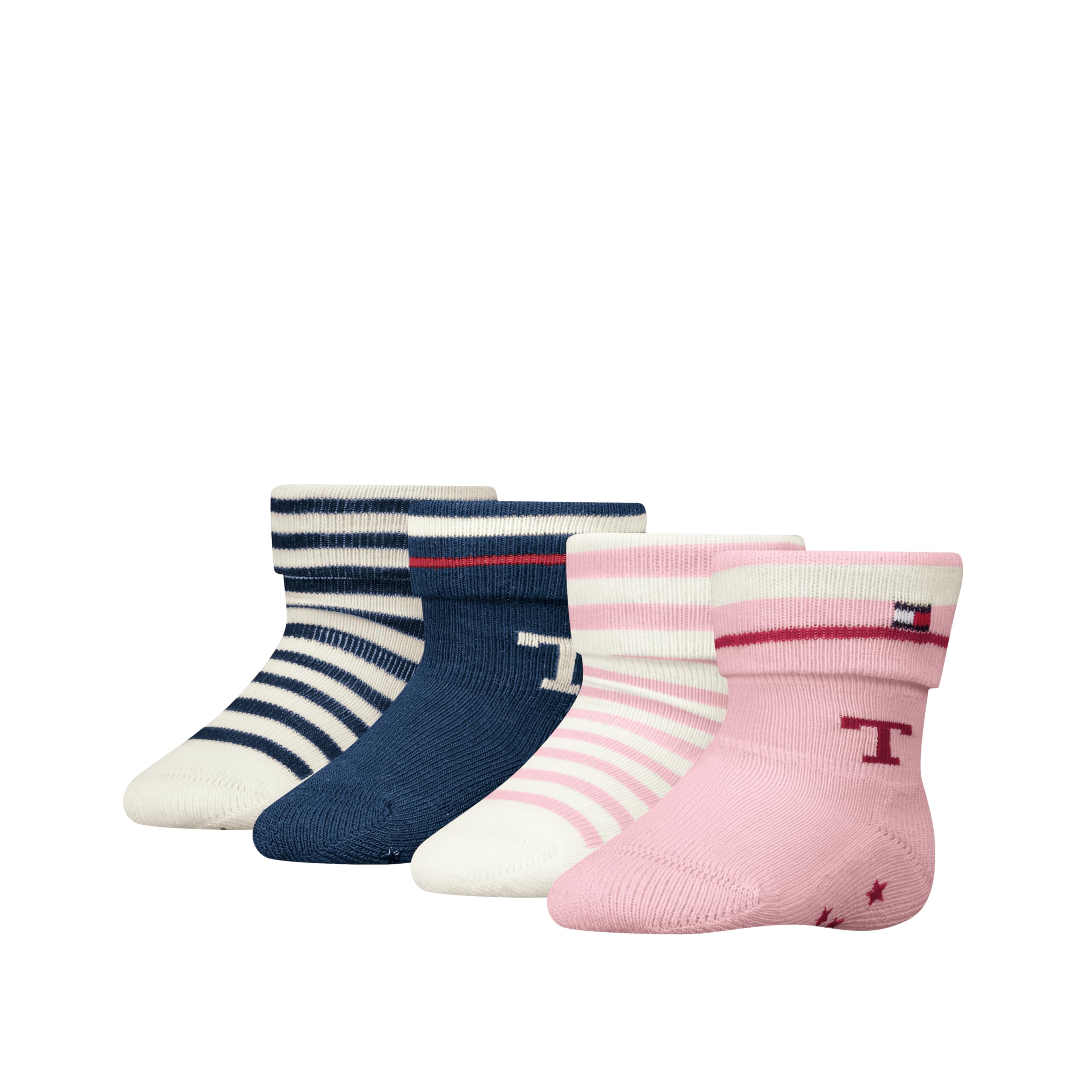 8719965009202 TH Baby Socks 4P Fold Over Stripe Ecom, Pink/Tommy Original, 19-22