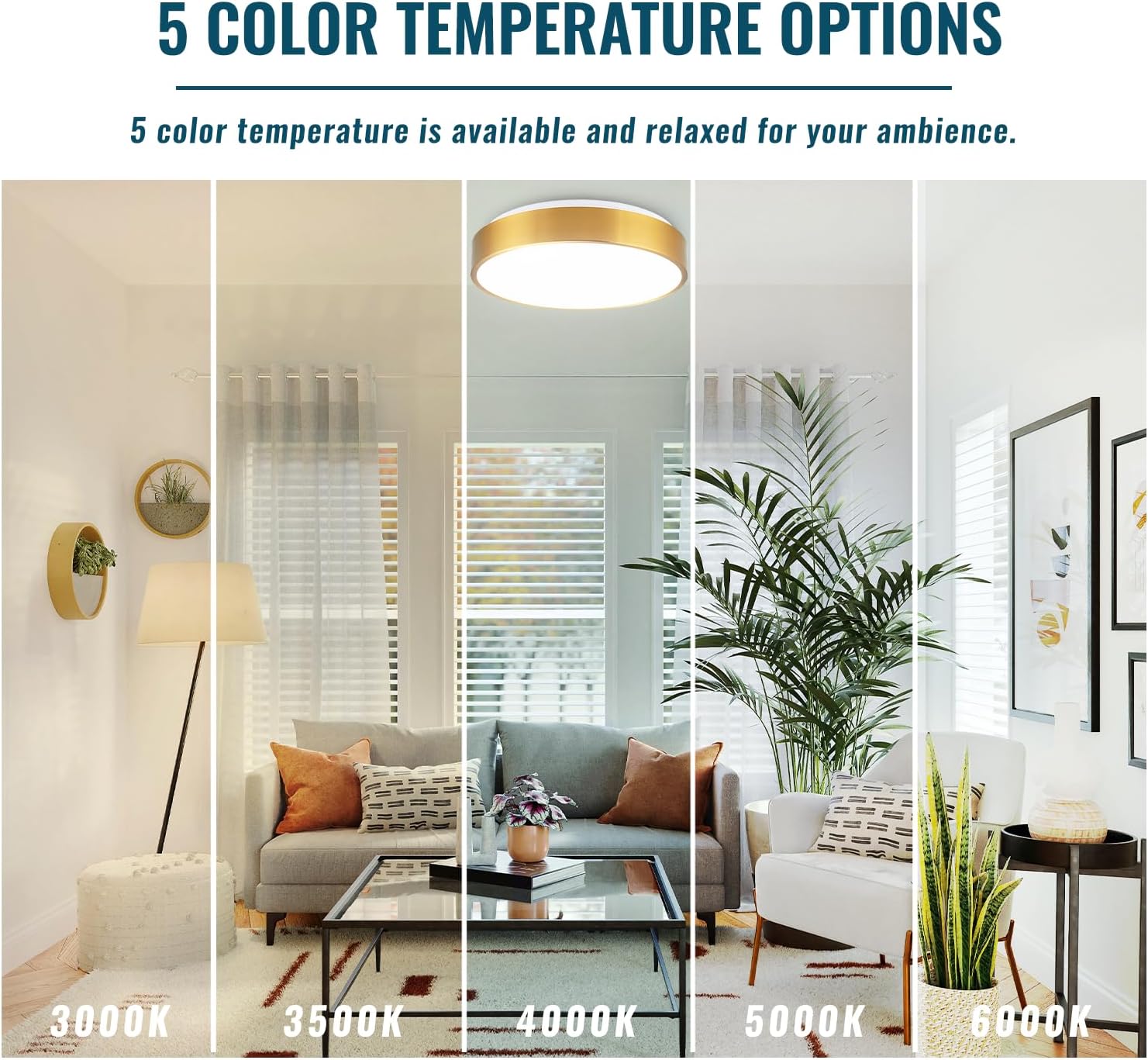 Gold Ceiling Light Flush Mount 15 inch, LED Light Fixtures Ceiling Mount 36W, Dimmable Close to Ceiling Light Overhead 5CCT for Living Room, Kitchen, Bedroom, Bathroom