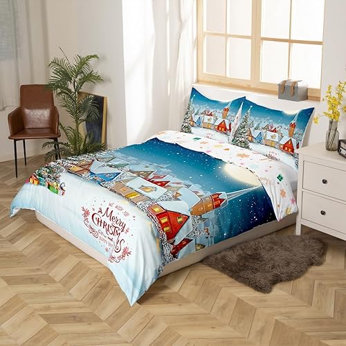 Miniatura 10 de Juego de ropa de cama con temática de Feliz Navidad, para niños y niñas, funda de edredón de ciervos de Papá Noel, para niños, adolescentes, árboles