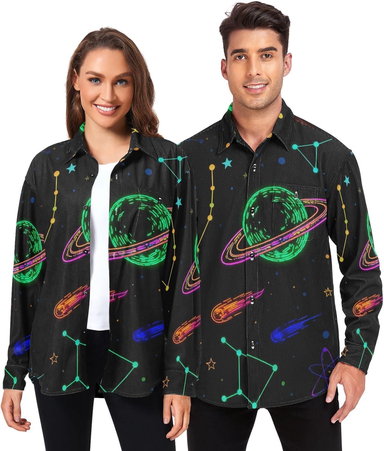 Colorful Fluorescent Planet Universe Woolen Cord Fabric Mens Rugby Shirts Long Sleeve for Women Print with Pockets