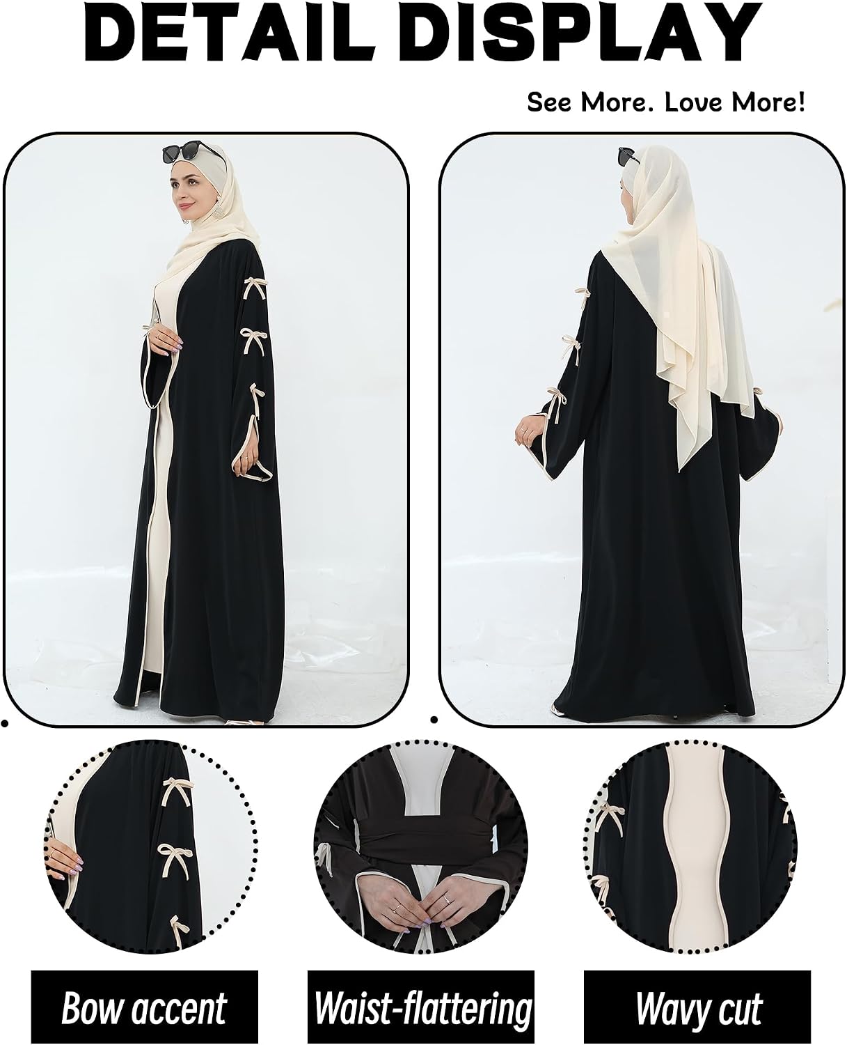 Elegant Flowy Muslim Cardigan Robe with Bow Accents Front Wave Design Abaya for Women Open Front Abaya with Belt