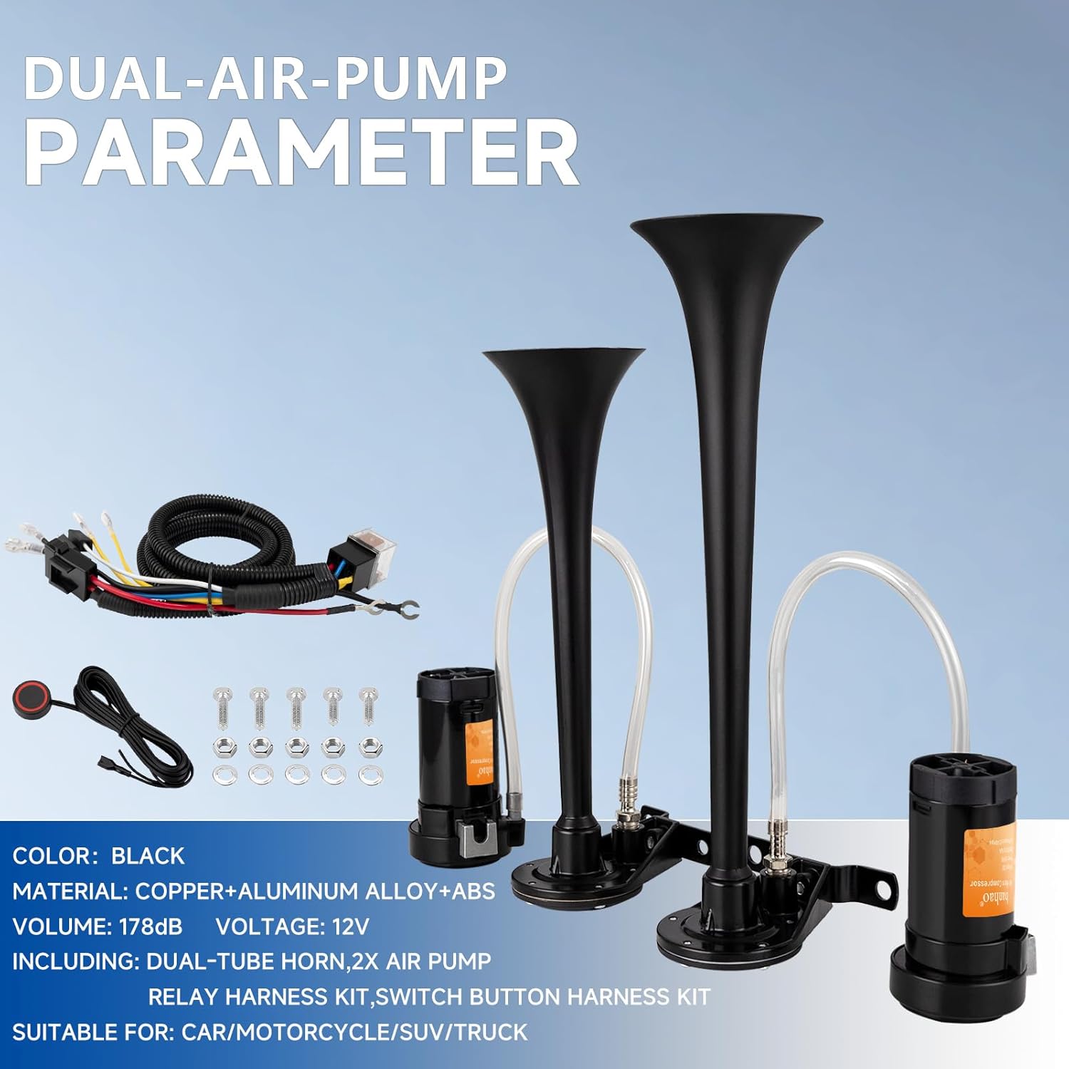 Car Horn 12V Air Horns for Truck 178dB Universal Super Loud Dual Trumpets With Compressor Air Horn kit for Any 12V Vehicles Pickup SUV Truck Boat